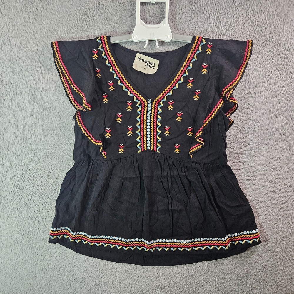 NEW Savanna Jane Embroidered Top Women Small Cap Sleeve Red Black Boho